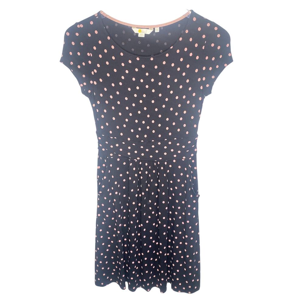 Boden Black with Pink Polka Dot Gathered Waist Viscose Short Sleeve Dress Sz 2P